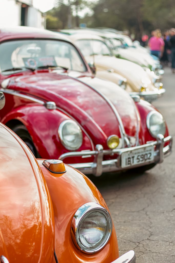 Imagen actual: Lineup of vintage Volkswagen Beetles on display at an outdoor car show in Campo Bom, Brazil.
